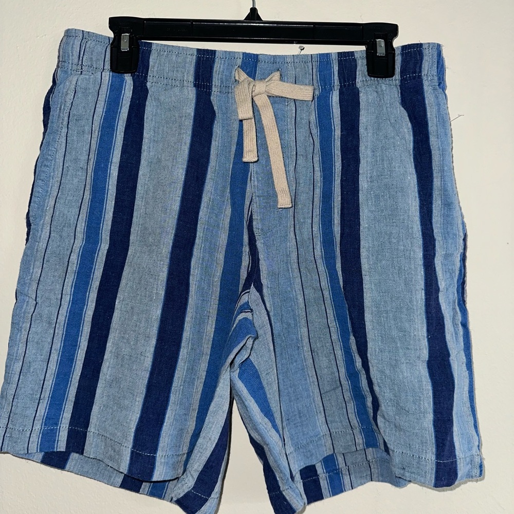 Banana Republic 8" Linen Shorts Multi Blue Stripe Mid Rise Stretch Mens M